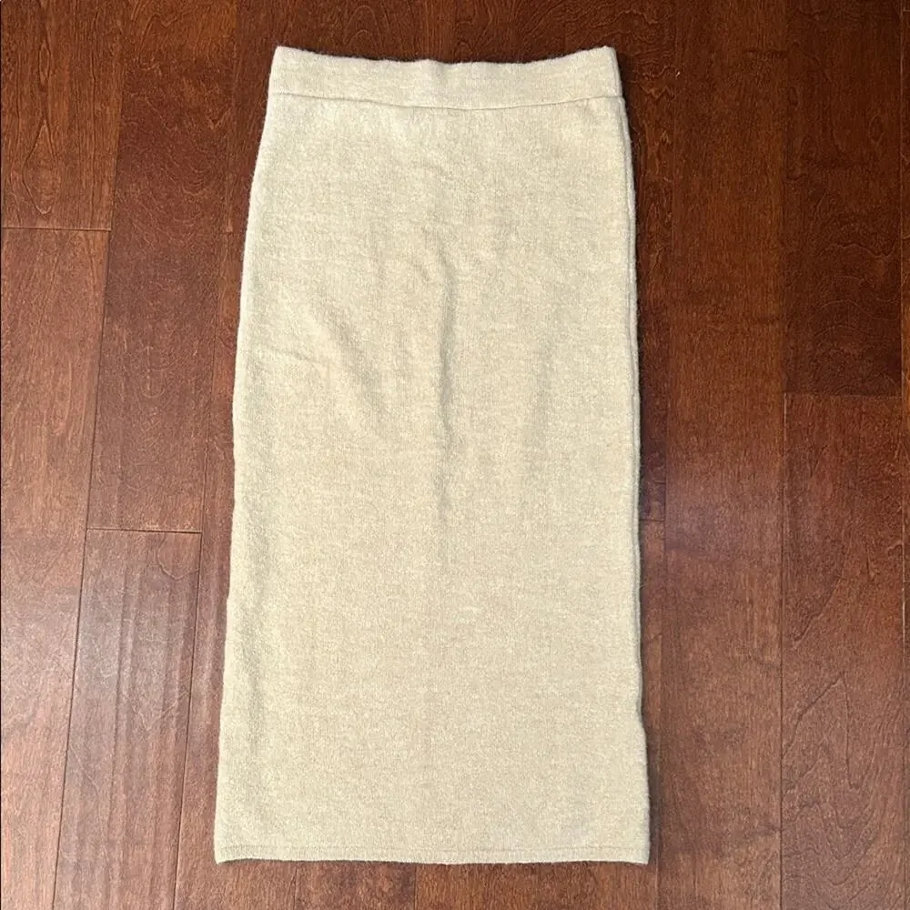 Mango Closet Staple Beige Tea Length Pencil Skirt, Wool Alpaca Blend, Size Med